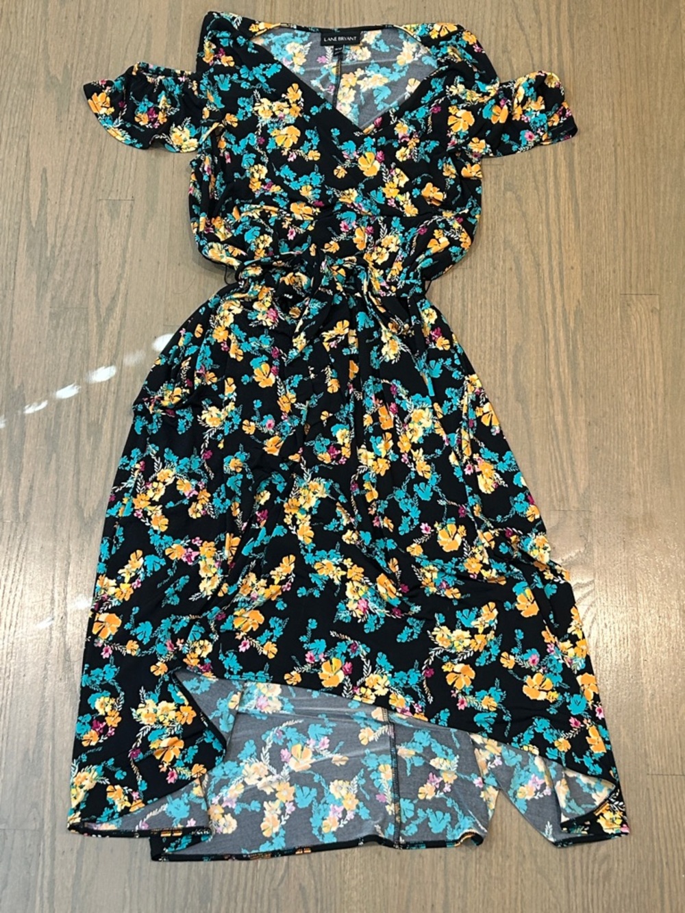 Lane Bryant Black Floral High-Low Wrap Dress with Teal & Yellow Blooms